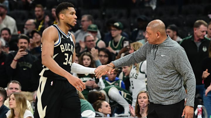Apr 27, 2025; Milwaukee, Wisconsin, USA; Milwaukee Bucks forward Giannis Antetokounmpo (34) exits the game in the fourth quarter as head coach Doc Rivers shakes his hand during game four against the Indiana Pacers of first round for the 2024 NBA Playoffs at Fiserv Forum. Mandatory Credit: Benny Sieu-Imagn Images Apr 27, 2025; Milwaukee, Wisconsin, USA; Milwaukee Bucks forward Giannis Antetokounmpo (34) exits the game in the fourth quarter as head coach Doc Rivers shakes his hand during game four against the Indiana Pacers of first round for the 2024 NBA Playoffs at Fiserv Forum. Mandatory Credit: Benny Sieu-Imagn Images