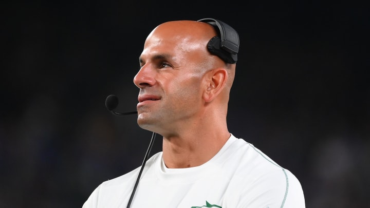 Aug 24, 2024; East Rutherford, New Jersey, USA; New York Jets head coach Robert Saleh looks on against the New York Giants during the second half at MetLife Stadium.