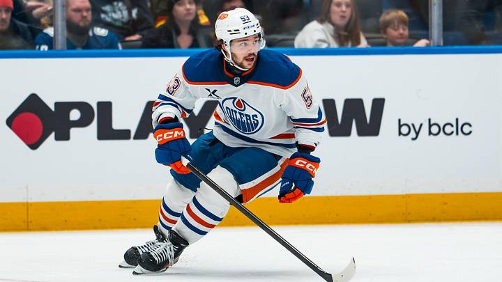 Jan 17, 2026; Vancouver, British Columbia, CAN; Edmonton Oilers forward Isaac Howard (53) skates against the Vancouver Canucks in the third period at Rogers Arena. Mandatory Credit: Bob Frid-Imagn Images