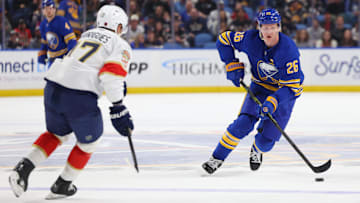 Oct 18, 2025; Buffalo, New York, USA;  Buffalo Sabres defenseman Rasmus Dahlin (26) skates up ice with the puck during the second period against the Florida Panthers at KeyBank Center. Mandatory Credit: Timothy T. Ludwig-Imagn Images