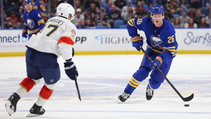 Oct 18, 2025; Buffalo, New York, USA;  Buffalo Sabres defenseman Rasmus Dahlin (26) skates up ice with the puck during the second period against the Florida Panthers at KeyBank Center. Mandatory Credit: Timothy T. Ludwig-Imagn Images