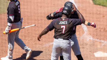 South Carolina baseball sluggers Kennedy Jones and Dalton Reeves celebrating a home run