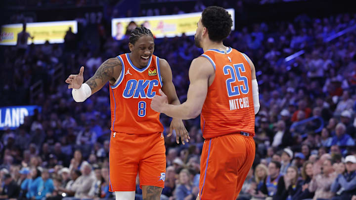 Jan 11, 2026; Oklahoma City, Oklahoma, USA; Oklahoma City Thunder guard/forward Jalen Williams (8) and guard Ajay Mitchell (25) celebrate after scoring against the Miami Heat during the second half at Paycom Center. Mandatory Credit: Alonzo Adams-Imagn Images