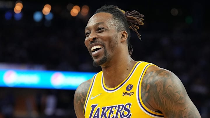 Los Angeles forward Dwight Howard reacts to a play in 2022.