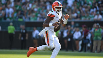Oct 13, 2024; Philadelphia, Pennsylvania, USA; Cleveland Browns quarterback Deshaun Watson (4) looks for a receiver against the Philadelphia Eagles during the fourth quarter at Lincoln Financial Field.