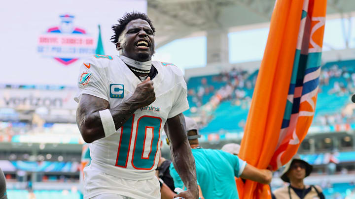 Sep 8, 2024; Miami Gardens, Florida, USA; Miami Dolphins wide receiver Tyreek Hill (10) reacts after the game against the Jacksonville Jaguars at Hard Rock Stadium. Mandatory Credit: Sam Navarro-Imagn Images