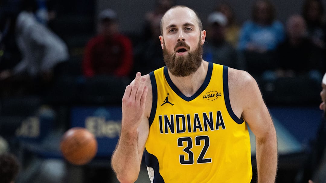 Indiana Pacers center Jay Huff (32) celebrates a made basket in the first half against the Cleveland Cavaliers at Gainbridge Fieldhouse. Indiana Pacers center Jay Huff (32) celebrates a made basket in the first half against the Cleveland Cavaliers at Gainbridge Fieldhouse.