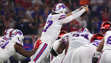 Nov 20, 2025; Houston, Texas, USA; Buffalo Bills quarterback Josh Allen (17) dives for a first down against the Houston Texans in the first quarter at NRG Stadium.