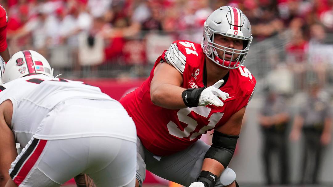 Ohio State Buckeyes offensive lineman Luke Montgomery (51) lines up during the NCAA football game against the Ball State Cardinals at Ohio Stadium in Columbus on Sept. 5, 2026. Ohio State Buckeyes offensive lineman Luke Montgomery (51) lines up during the NCAA football game against the Ball State Cardinals at Ohio Stadium in Columbus on Sept. 5, 2026.