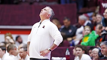 Jan 25, 2025; Blacksburg, Virginia, USA; Virginia Tech Hokies head coach Mike Young reacts after a play during the second half against the Clemson Tigers at Cassell Coliseum. Mandatory Credit: Peter Casey-Imagn Images