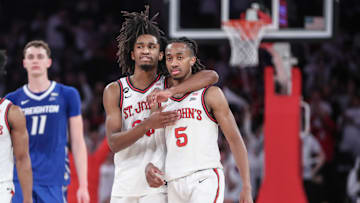 Feb 25, 2024; New York, New York, USA;  St. John's Red Storm forward Glenn Taylor Jr. (35) hugs