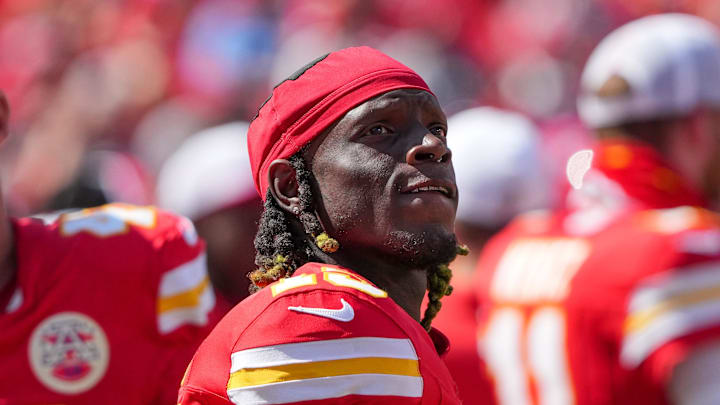 Aug 17, 2024; Kansas City, Missouri, USA; Kansas City Chiefs wide receiver Kadarius Toney (19) watches a replay against the Detroit Lions during the game at GEHA Field at Arrowhead Stadium. Mandatory Credit: Denny Medley-Imagn Images