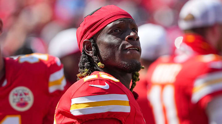 Aug 17, 2024; Kansas City, Missouri, USA; Kansas City Chiefs wide receiver Kadarius Toney (19) watches a replay against the Detroit Lions during the game at GEHA Field at Arrowhead Stadium. Mandatory Credit: Denny Medley-Imagn Images