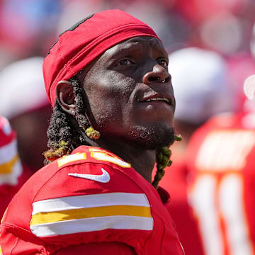 Aug 17, 2024; Kansas City, Missouri, USA; Kansas City Chiefs wide receiver Kadarius Toney (19) watches a replay against the Detroit Lions during the game at GEHA Field at Arrowhead Stadium. Mandatory Credit: Denny Medley-Imagn Images