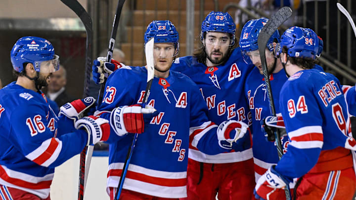 Mar 10, 2026; New York, New York, USA;  New York Rangers center Vincent Trocheck (16), New York Rangers defenseman Adam Fox (23), New York Rangers center Mika Zibanejad (93) and New York Rangers right wing Gabe Perreault (94) celebrate the power play goal by New York Rangers left wing Alexis Lafrenière (13) against the Calgary Flames during the first period at Madison Square Garden. 