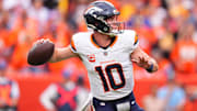 Sep 15, 2024; Denver, Colorado, USA; Denver Broncos quarterback Bo Nix (10) prepares to pass in the second half against the Pittsburgh Steelers at Empower Field at Mile High. 