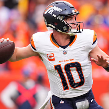 Sep 15, 2024; Denver, Colorado, USA; Denver Broncos quarterback Bo Nix (10) prepares to pass in the second half against the Pittsburgh Steelers at Empower Field at Mile High. 