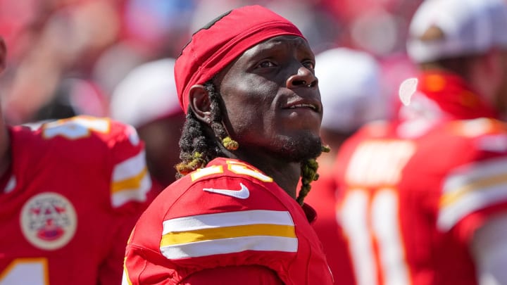 Aug 17, 2024; Kansas City, Missouri, USA; Kansas City Chiefs wide receiver Kadarius Toney (19) watches a replay against the Detroit Lions during the game at GEHA Field at Arrowhead Stadium. Mandatory Credit: Denny Medley-USA TODAY Sports