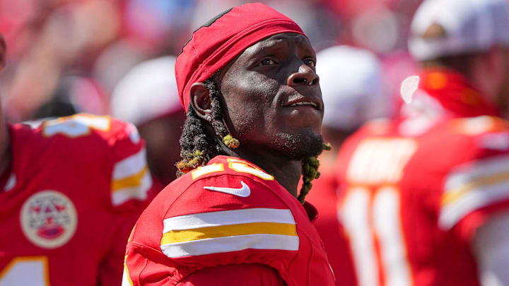 Aug 17, 2024; Kansas City, Missouri, USA; Kansas City Chiefs wide receiver Kadarius Toney (19) watches a replay against the Detroit Lions during the game at GEHA Field at Arrowhead Stadium. Mandatory Credit: Denny Medley-Imagn Images