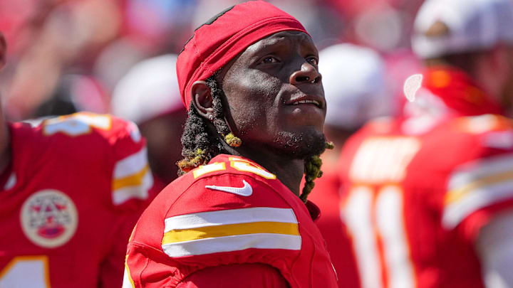 Former Kansas City Chiefs wide receiver Kadarius Toney (19) watches a replay against the Detroit Lions at Arrowhead Stadium.