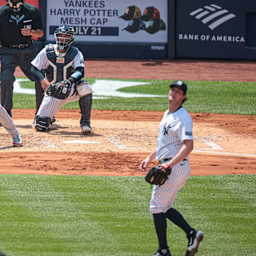 Jul 6, 2024; Bronx, New York, USA; Boston Red Sox third baseman Rafael Devers (11) hits an RBI single during the third inning against New York Yankees starting pitcher Gerrit Cole (45) at Yankee Stadium. Mandatory Credit: Vincent Carchietta-Imagn Images