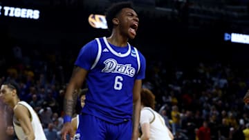 Mar 20, 2025; Wichita, KS, USA; Drake Bulldogs guard Tavion Banks (6) celebrates after a basket in the second half of a first round men’s NCAA Tournament game against the Missouri Tigers at Intrust Bank Arena. Mandatory Credit: Nick Tre. Smith-Imagn Images