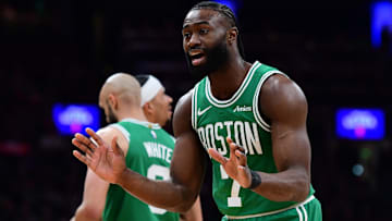 Boston Celtics guard Jaylen Brown (7) reacts after a call during the first half against the New York Knicks at TD Garden.