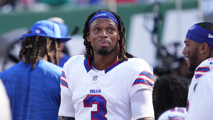 Sep 14, 2025; East Rutherford, New Jersey, USA; Buffalo Bills safety Damar Hamlin (3) after the game against the New York Jets at MetLife Stadium. Mandatory Credit: Robert Deutsch-Imagn Images