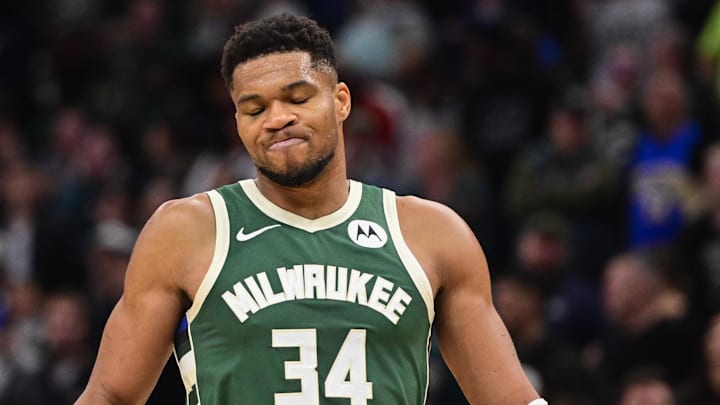 Nov 1, 2025; Milwaukee, Wisconsin, USA; Milwaukee Bucks forward Giannis Antetokounmpo (34) reacts after missing a shot late in the fourth quarter against the Sacramento Kings at Fiserv Forum. Mandatory Credit: Benny Sieu-Imagn Images
