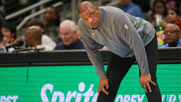 Milwaukee Bucks head coach Doc Rivers on the sideline against the Atlanta Hawks in the third quarter at State Farm Arena.