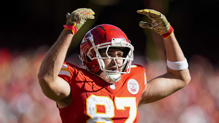 Kansas City Chiefs tight end Travis Kelce celebrates scoring a touchdown.