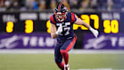Nov 19, 2023; Hamilton, Ontario, CAN;  Montreal Alouettes wide receiver Cole Spieker (17) during the 110th Grey Cup against the Winnipeg Blue Bombers at Tim Hortons Field. Mandatory Credit: John E. Sokolowski-Imagn Images