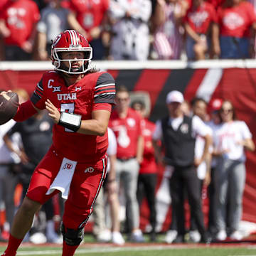 Sep 7, 2024; Salt Lake City, Utah, USA; Utah Utes quarterback Cameron Rising (7) looks to pass the ball against the Baylor Bears during the first quarter at Rice-Eccles Stadium. Mandatory Credit: Rob Gray-Imagn Images