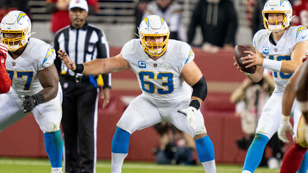 Los Angeles Chargers center Corey Linsley (63) during the second quarter against the San Francisco 49ers