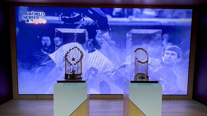 The Philadelphia Phillies' 1980 and 2008 World Series trophies are on display in the Hall of Fame Club at a preview event at Citizens Bank Park on March 24, 2026.