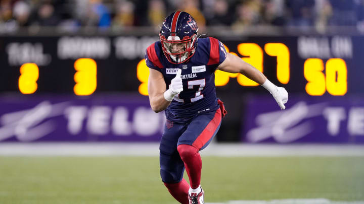 Nov 19, 2023; Hamilton, Ontario, CAN;  Montreal Alouettes wide receiver Cole Spieker (17) during the 110th Grey Cup against the Winnipeg Blue Bombers at Tim Hortons Field. Mandatory Credit: John E. Sokolowski-USA TODAY Sports