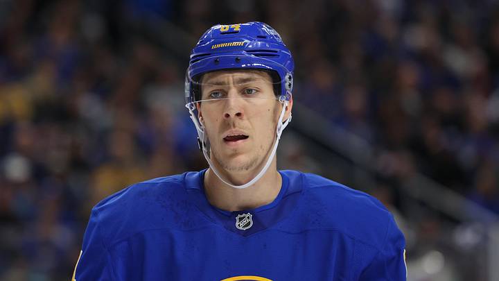 Mar 10, 2026; Buffalo, New York, USA;  Buffalo Sabres defenseman Logan Stanley (64) on the ice against the San Jose Sharks at KeyBank Center. Mandatory Credit: Timothy T. Ludwig-Imagn Images