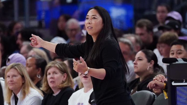 Aug 17, 2025; San Francisco, California, USA;  Golden State Valkyries head coach Natalie Nakase shouts directions to the team in the third quarter against the Atlanta Dream at Chase Center. Mandatory Credit: David Gonzales-Imagn Images