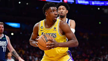 Jan 12, 2023; Los Angeles, California, USA; Los Angeles Lakers center Thomas Bryant (31) controls the ball against the Dallas Mavericks during the second half at Crypto.com Arena. Mandatory Credit: Gary A. Vasquez-Imagn Images