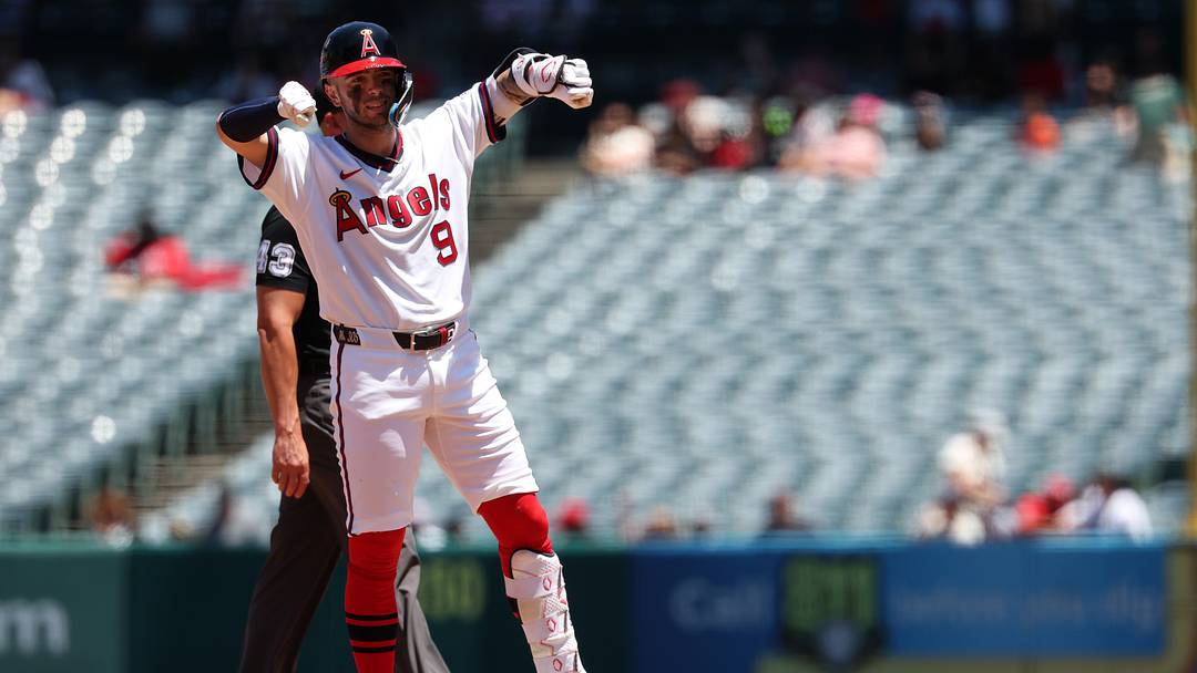 Jul 22, 2026; Anaheim, California, USA;  Los Angeles Angels shortstop Zach Neto (9) reacts after hitting a double during the third inning against the St. Louis Cardinals at Angel Stadium. Mandatory Credit: Kiyoshi Mio-Imagn Images