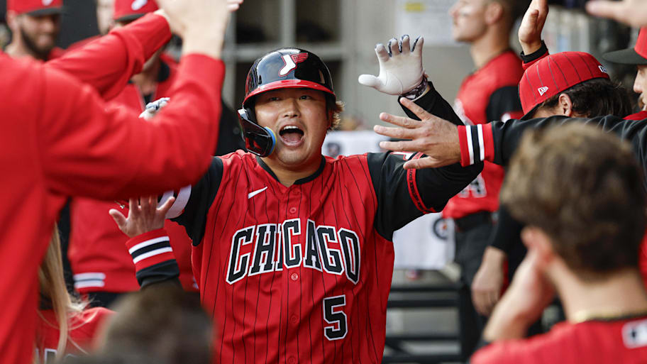Chicago White Sox first baseman Munetaka Murakami celebrates in dugout