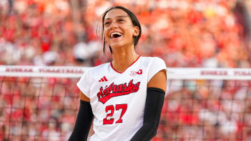 Aug 30, 2023; Lincoln, NE, USA; Nebraska Cornhuskers outside hitter Harper Murray (27) during the first set against the Omaha Mavericks at Memorial Stadium.