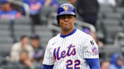 May 28, 2025; New York, New York, USA; New York Mets right fielder Juan Soto (22) reacts after striking out during the game against the Chicago White Sox at Citi Field. Mandatory Credit: Lucas Boland-Imagn Images
