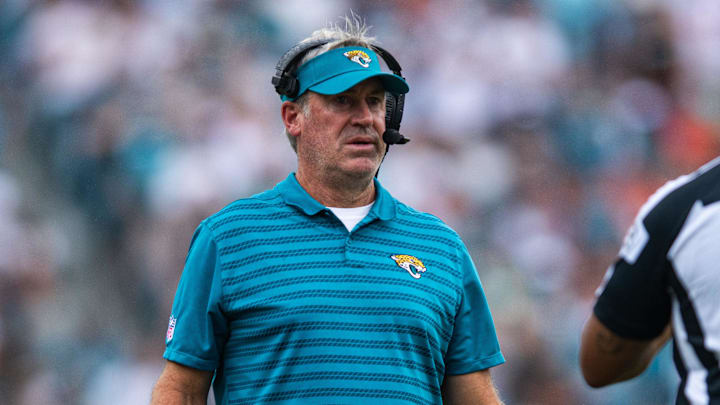 Sep 15, 2024; Jacksonville, Florida, USA; Jacksonville Jaguars head coach Doug Pederson talks with an official in the second quarter against the Cleveland Browns at EverBank Stadium. Mandatory Credit: Jeremy Reper-Imagn Images