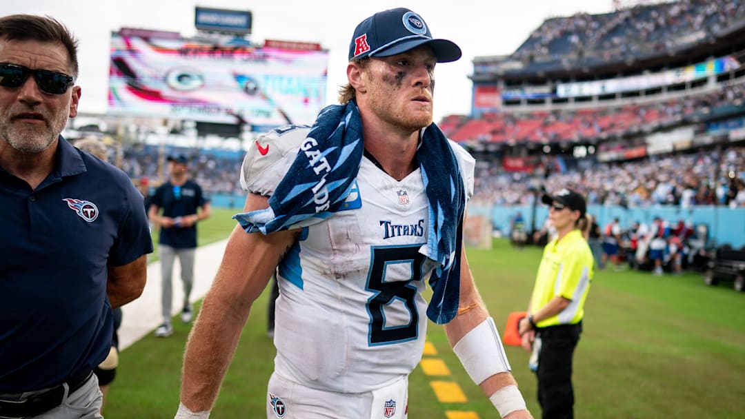 Tennessee Titans quarterback Will Levis (8) exits the field after the New York Jets won 24-17 at Nissan Stadium in Nashville, Tenn., Sunday, Sept. 15, 2024.