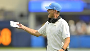 Sep 8, 2024; Inglewood, California, USA; Los Angeles Chargers head coach Jim Harbaugh on the sidelines against the Las Vegas Raiders at SoFi Stadium. Mandatory Credit: Jayne Kamin-Oncea-Imagn Images