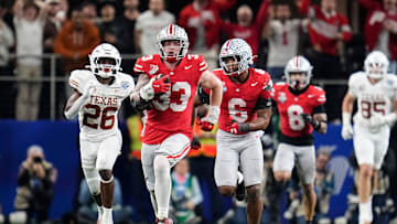 Ohio State defensive end Jack Sawyer (33) returns a fumble recovery for a touchdown against Texas during the 2025 Cotton Bowl at AT&T Stadium in Arlington, Texas.