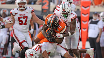 in the second half of the college football between the Oklahoma State University Cowboys and the Utah Utes at Boone Pickens Stadium in Stillwater, Okla., Saturday, Sept., 21, 2024.