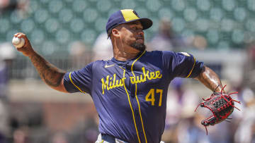 Aug 8, 2024; Cumberland, Georgia, USA; Milwaukee Brewers starting pitcher Frankie Montas (47) pitches against the Atlanta Braves  during the second inning at Truist Park. Mandatory Credit: Dale Zanine-USA TODAY Sports