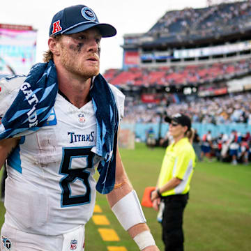 Tennessee Titans quarterback Will Levis (8) exits the field after the New York Jets won 24-17 at Nissan Stadium in Nashville, Tenn., Sunday, Sept. 15, 2024.